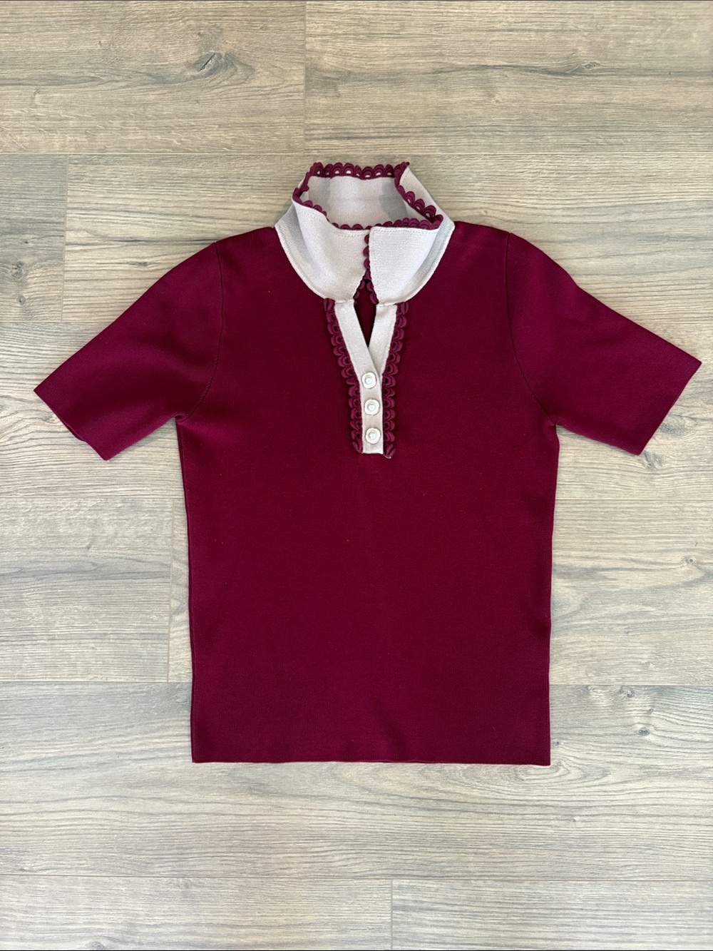 Alice Blue Burgundy Short Sleeve Polo Top with White Contrast Collar